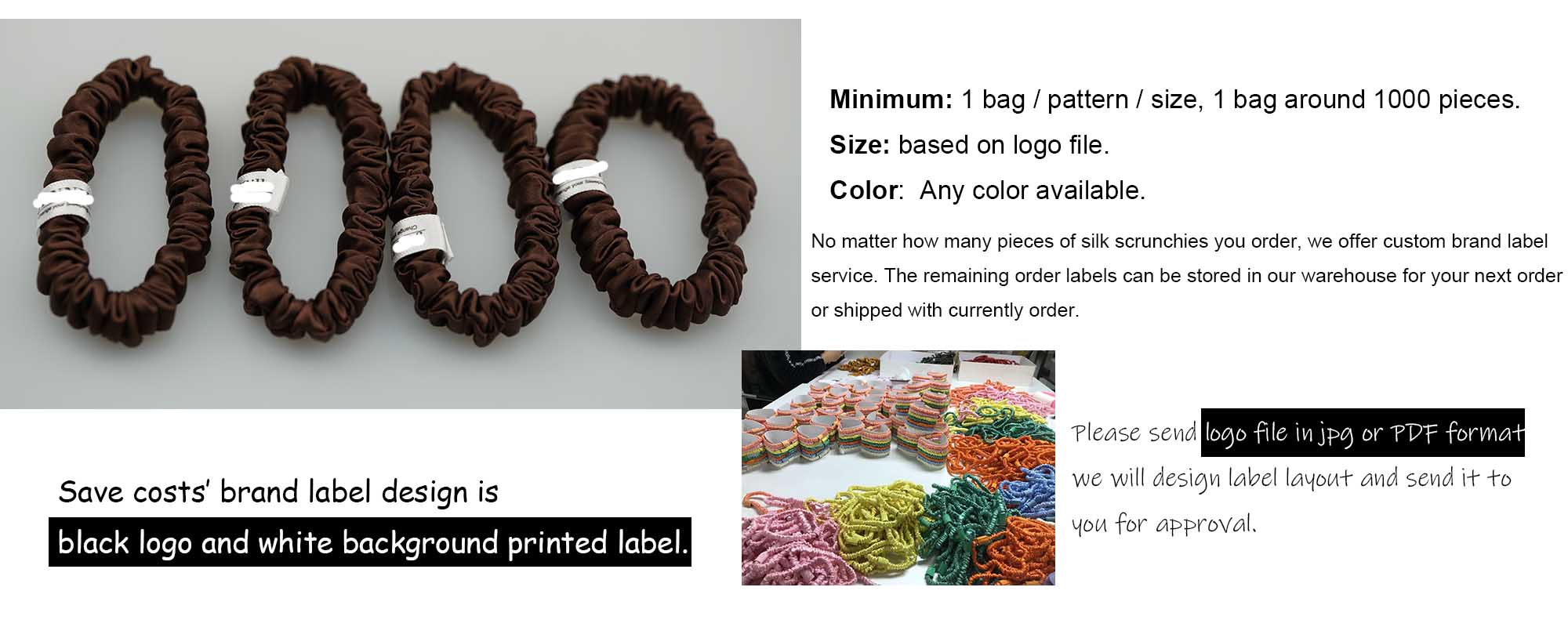custom brand label on silk scrunchies
