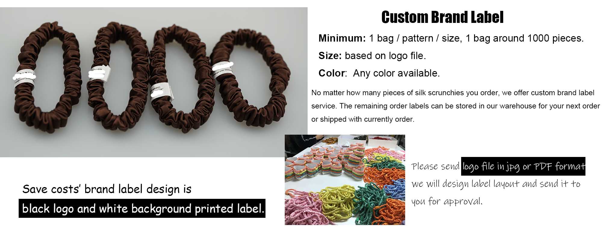 custom brand label on silk scrunchies
