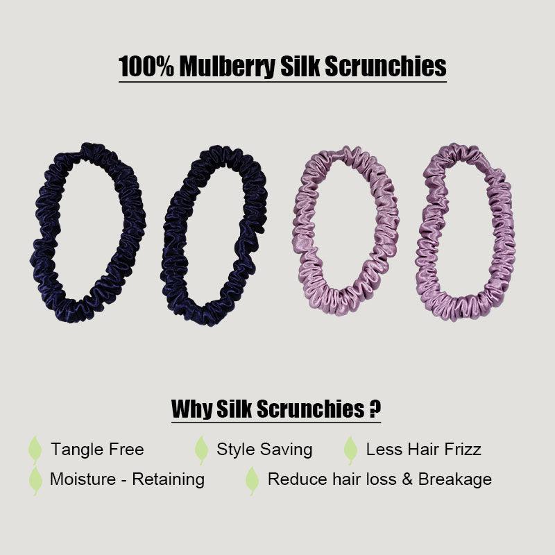 4 Pack Mini Silk Scrunchies - Blue & Burnished Lilac 