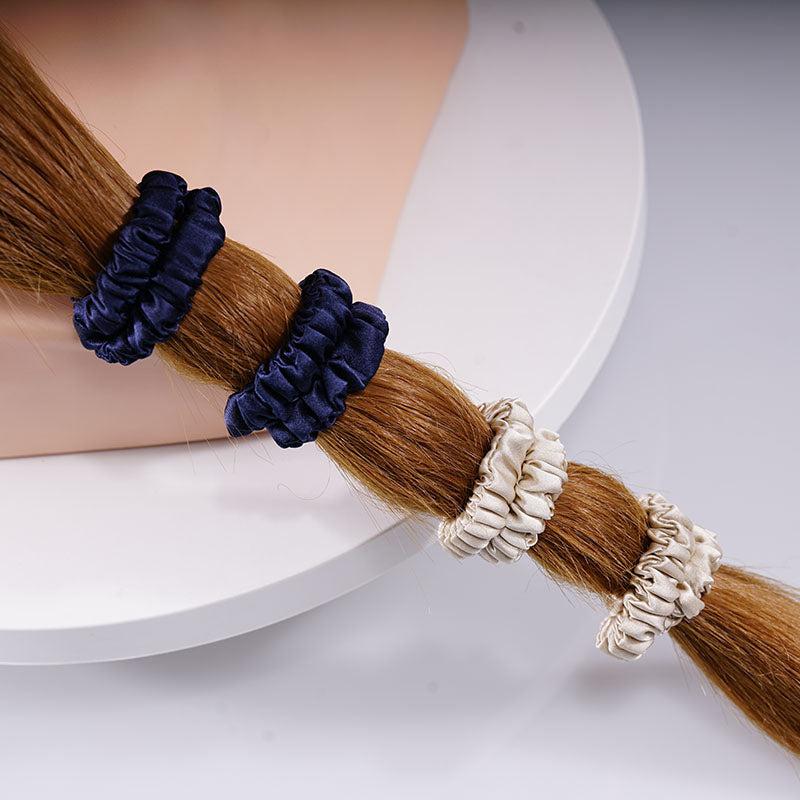 4 Pack Skinny Silk Hair Ties - Beige & Blue