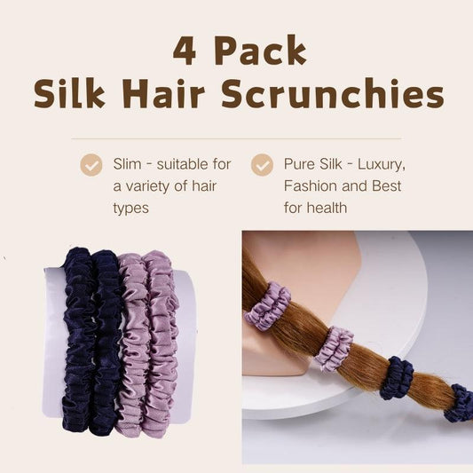 4 Pack Mini Silk Scrunchies - Blue & Burnished Lilac