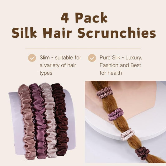 4 Pack Skinny Silk Scrunchies - Brownish